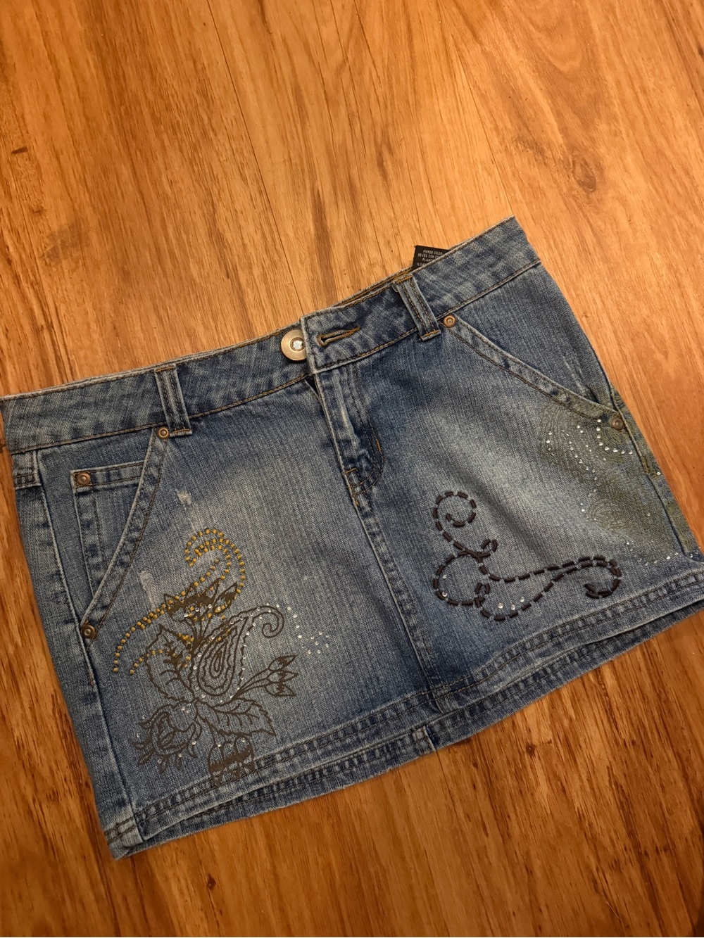 Blue Embellished Denim Mini Skirt